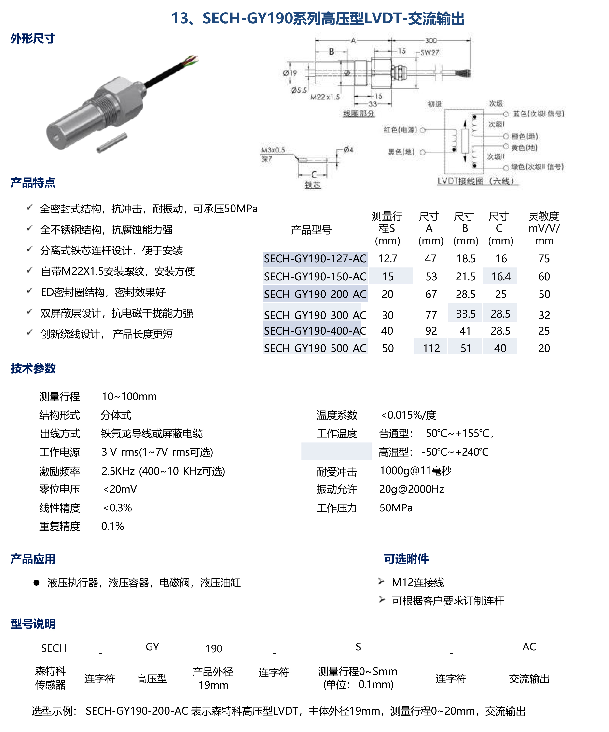SECH-GY190系列高压型LVDT-交流输出